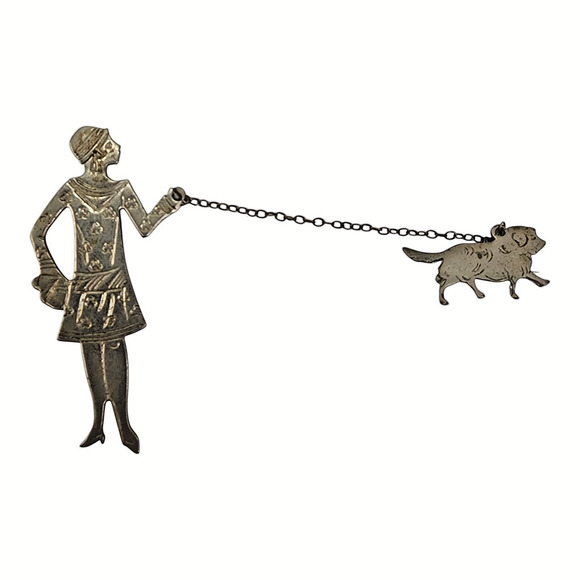 Art Deco Lady Walking Dog Brooch Lapel Pin Silver Tone Vogue Style 1920s Vintage - Picture 2 of 8